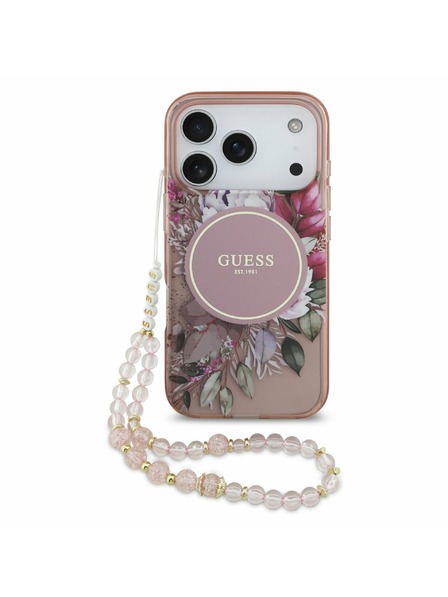 Guess Guess IML Flowers Strap MagSafe Zadní Kryt pro iPhone 17 Pro Pink
