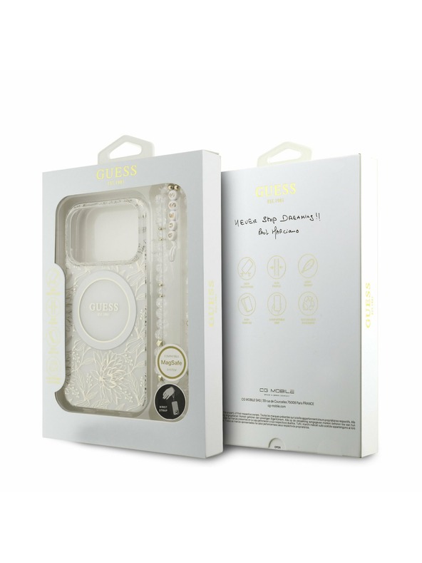 Guess Guess IML Flowers Allover Strap MagSafe Zadní Kryt pro iPhone 17 Pro White