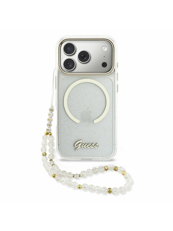 Guess Guess IML Glitter Script Strap MagSafe Zadní Kryt pro iPhone 17 Pro Transparent