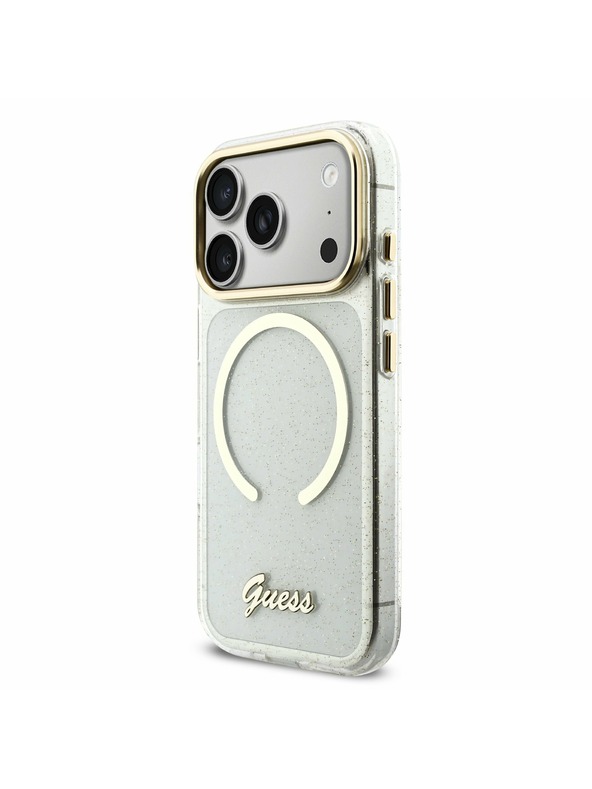 Guess Guess IML Glitter Script Strap MagSafe Zadní Kryt pro iPhone 17 Pro Transparent