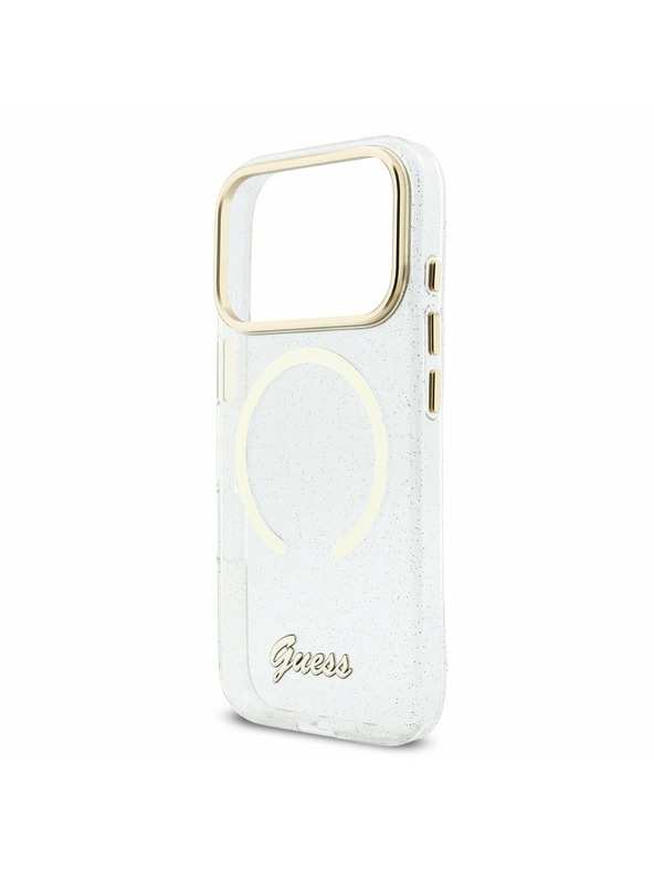 Guess Guess IML Glitter Script Strap MagSafe Zadní Kryt pro iPhone 17 Pro Transparent