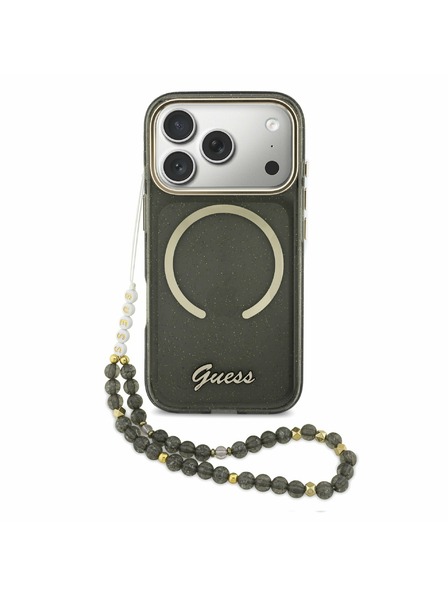 Guess Guess IML Glitter Script Strap MagSafe Zadní Kryt pro iPhone 17 Pro Black