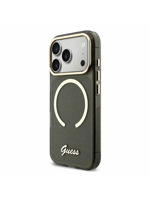 Guess Guess IML Glitter Script Strap MagSafe Zadní Kryt pro iPhone 17 Pro Black
