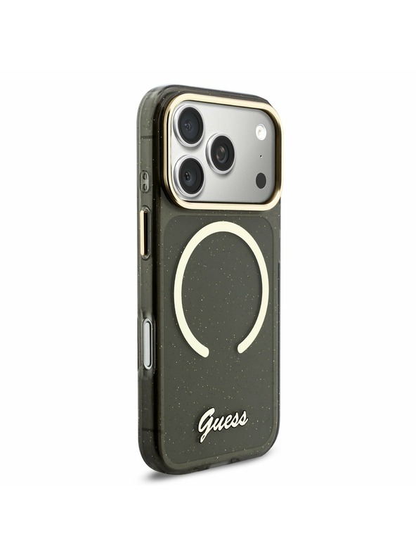 Guess Guess IML Glitter Script Strap MagSafe Zadní Kryt pro iPhone 17 Pro Black