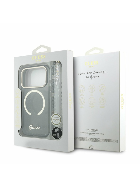 Guess Guess IML Glitter Script Strap MagSafe Zadní Kryt pro iPhone 17 Pro Black
