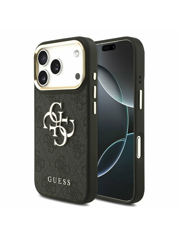 Guess Guess PU Leather 4G Metal Logo Gold Frame Zadní Kryt pro iPhone 17 Pro Black