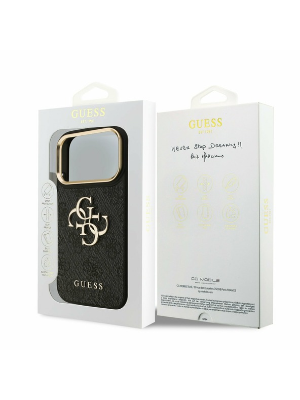 Guess Guess PU Leather 4G Metal Logo Gold Frame Zadní Kryt pro iPhone 17 Pro Black