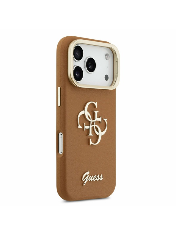 Guess Guess PU Grained 4G Logo Stand Camera Frame Zadní Kryt pro iPhone 17 Pro Brown