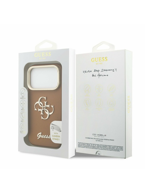 Guess Guess PU Grained 4G Logo Stand Camera Frame Zadní Kryt pro iPhone 17 Pro Brown