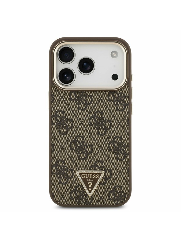 Guess Guess PU Leather 4G Strass Triangle Logo Gold Frame MagSafe Zadní Kryt pro iPhone 17 Pro Brown
