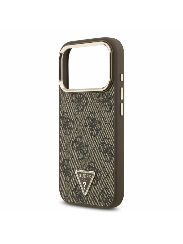 Guess Guess PU Leather 4G Strass Triangle Logo Gold Frame MagSafe Zadní Kryt pro iPhone 17 Pro Brown