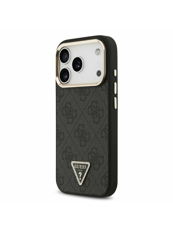 Guess Guess PU Leather 4G Strass Triangle Logo Gold Frame MagSafe Zadní Kryt pro iPhone 17 Pro Black