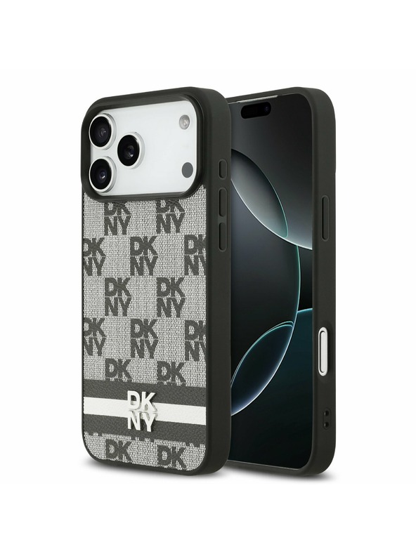 DKNY DKNY PU Leather Checkered Pattern and Stripe Zadní Kryt pro iPhone 17 Pro Max Black