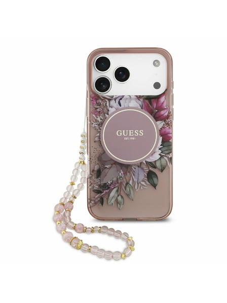 Guess Guess IML Flowers Strap MagSafe Zadní Kryt pro iPhone 17 Pro Max Pink