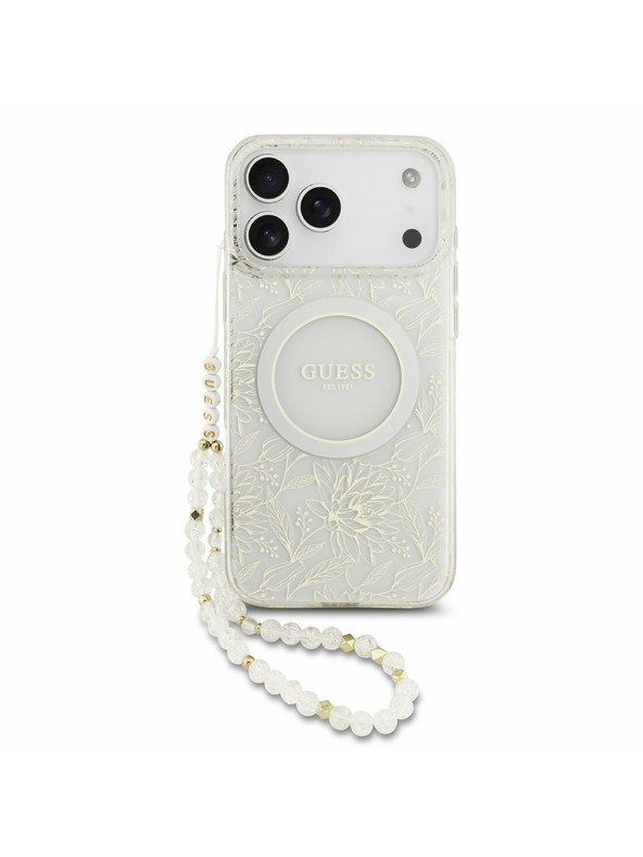 Guess Guess IML Flowers Allover Strap MagSafe Zadní Kryt pro iPhone 17 Pro Max White