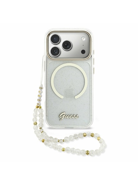 Guess Guess IML Glitter Script Strap MagSafe Zadní Kryt pro iPhone 17 Pro Max Transparent