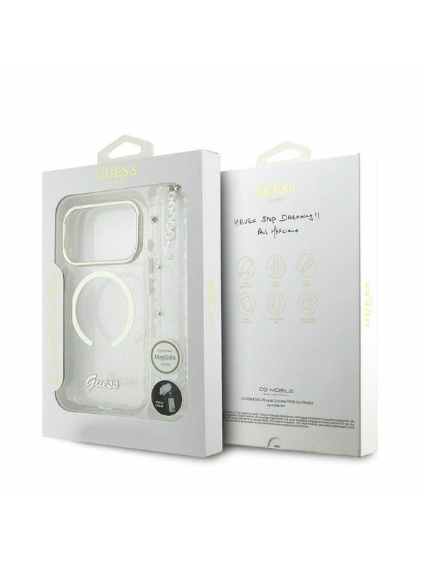 Guess Guess IML Glitter Script Strap MagSafe Zadní Kryt pro iPhone 17 Pro Max Transparent
