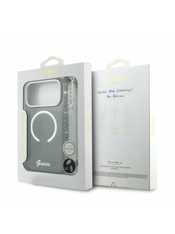 Guess Guess IML Glitter Script Strap MagSafe Zadní Kryt pro iPhone 17 Pro Max Black