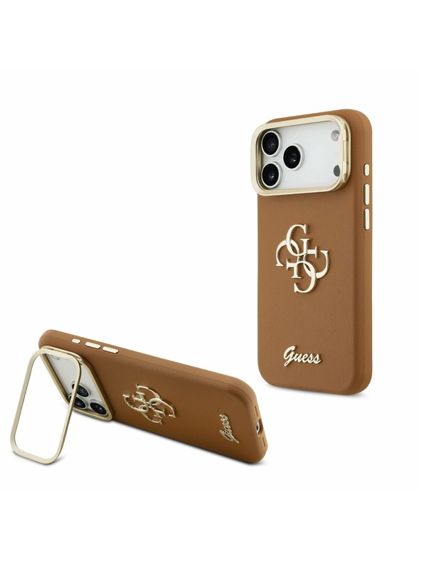 Guess Guess PU Grained 4G Logo Stand Camera Frame Zadní Kryt pro iPhone 17 Pro Max Brown
