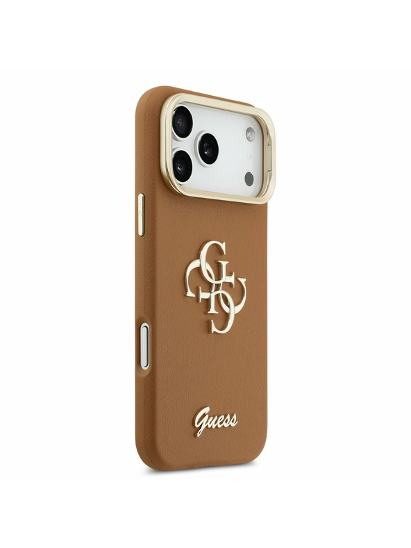 Guess Guess PU Grained 4G Logo Stand Camera Frame Zadní Kryt pro iPhone 17 Pro Max Brown