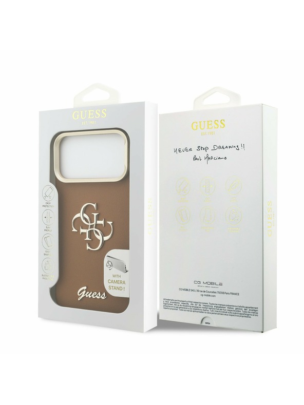 Guess Guess PU Grained 4G Logo Stand Camera Frame Zadní Kryt pro iPhone 17 Pro Max Brown