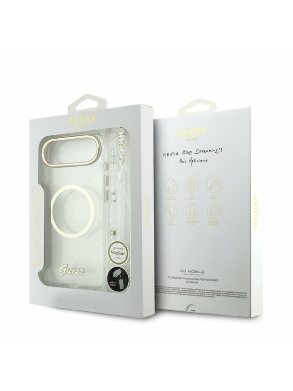 Guess Guess IML Glitter Script Strap MagSafe Zadní Kryt pro iPhone Air Transparent