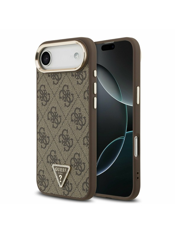 Guess Guess PU Leather 4G Strass Triangle Logo Gold Frame MagSafe Zadní Kryt pro iPhone Air Brown