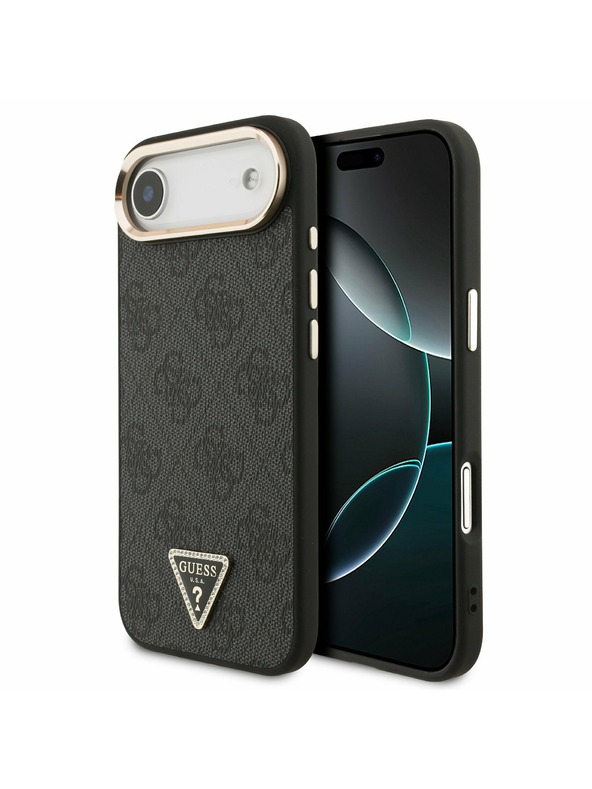 Guess Guess PU Leather 4G Strass Triangle Logo Gold Frame MagSafe Zadní Kryt pro iPhone Air Black