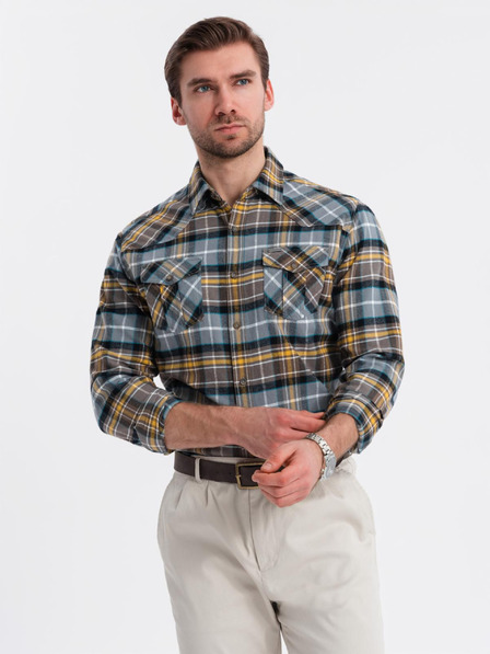 Ombre Clothing Oranžovo-šedá pánská svrchní flanelová košile Ombre Clothing