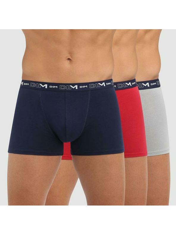 DIM Sada tří pánských boxerek v tmavě modré, červené a světle šedé barvě Dim COTTON STRETCH BOXER