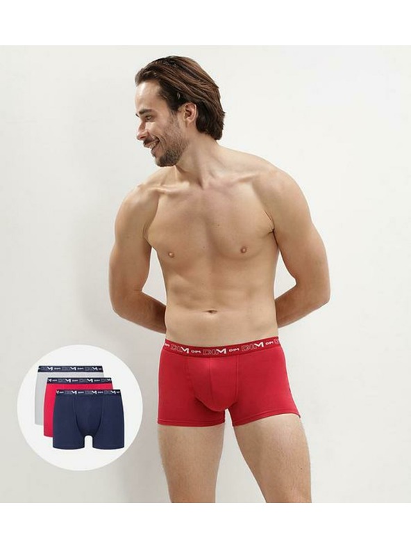DIM Sada tří pánských boxerek v tmavě modré, červené a světle šedé barvě Dim COTTON STRETCH BOXER