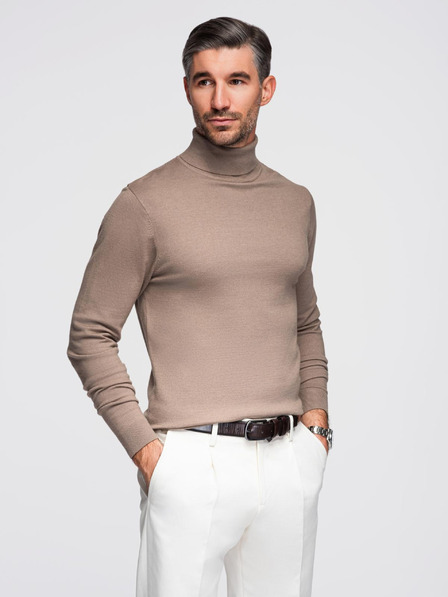 Ombre Clothing Pánský pletený rolák s viskózou - tmavě béžový V3 OM-SWTN-0127 Ombre Clothing