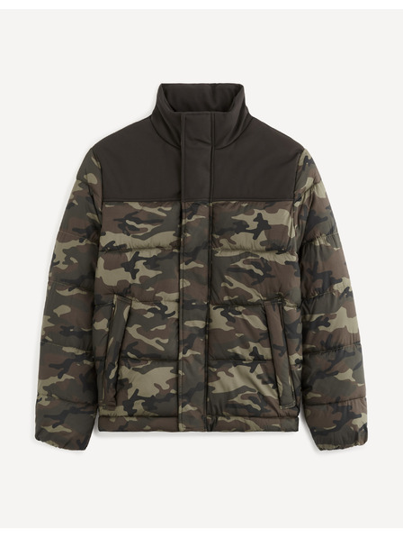 Celio Černo-zelená pánská maskáčová prošívaná zimní bunda Celio Vuelectron