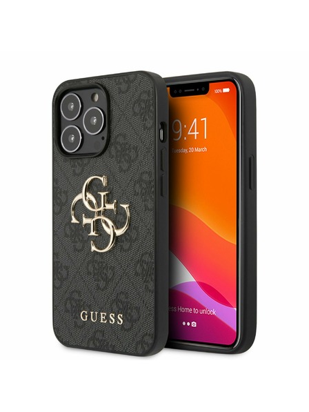Guess PU 4G Metal Logo Zadní Kryt pro iPhone 13 Pro Grey Obal na telefon