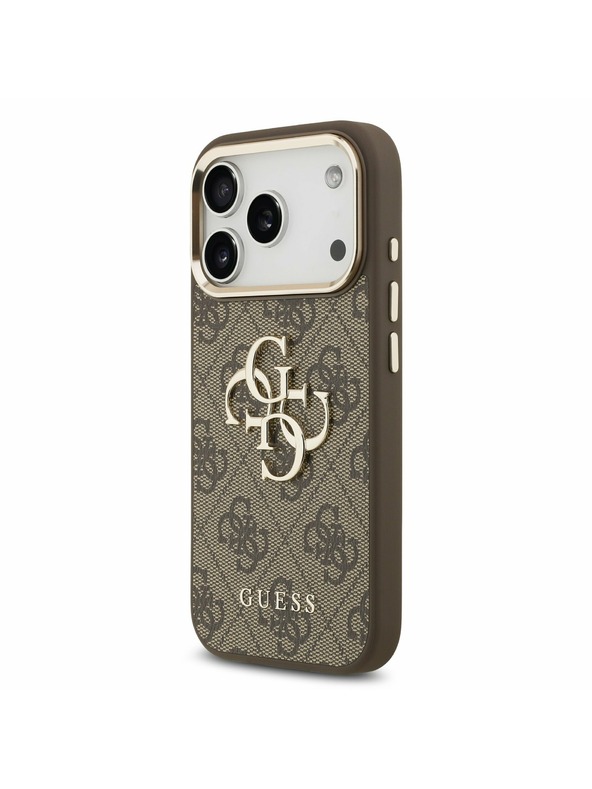Guess Guess PU Leather 4G Metal Logo Gold Frame Zadní Kryt pro iPhone 17 Pro Brown