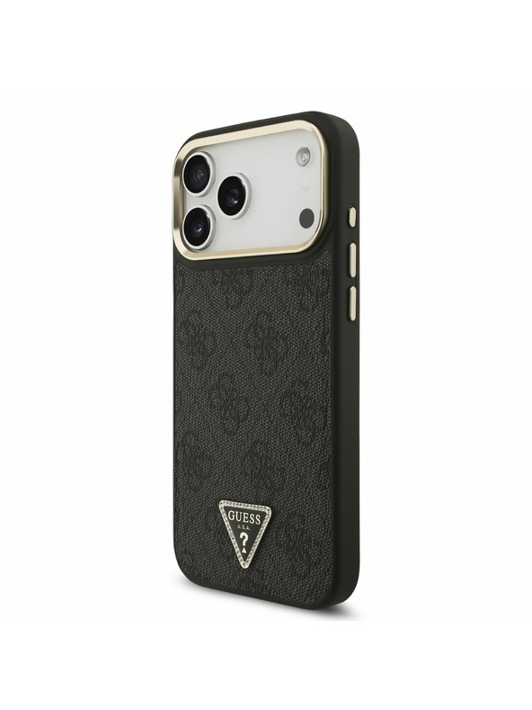 Guess Guess PU Leather 4G Strass Triangle Logo Gold Frame MagSafe Zadní Kryt pro iPhone 17 Pro Max Black