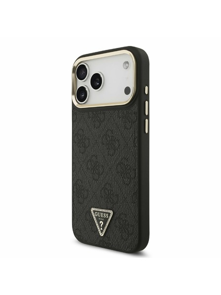 Guess Guess PU Leather 4G Strass Triangle Logo Gold Frame MagSafe Zadní Kryt pro iPhone 17 Pro Max Black