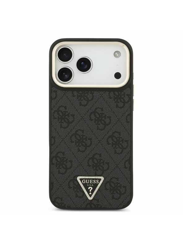 Guess Guess PU Leather 4G Strass Triangle Logo Gold Frame MagSafe Zadní Kryt pro iPhone 17 Pro Max Black