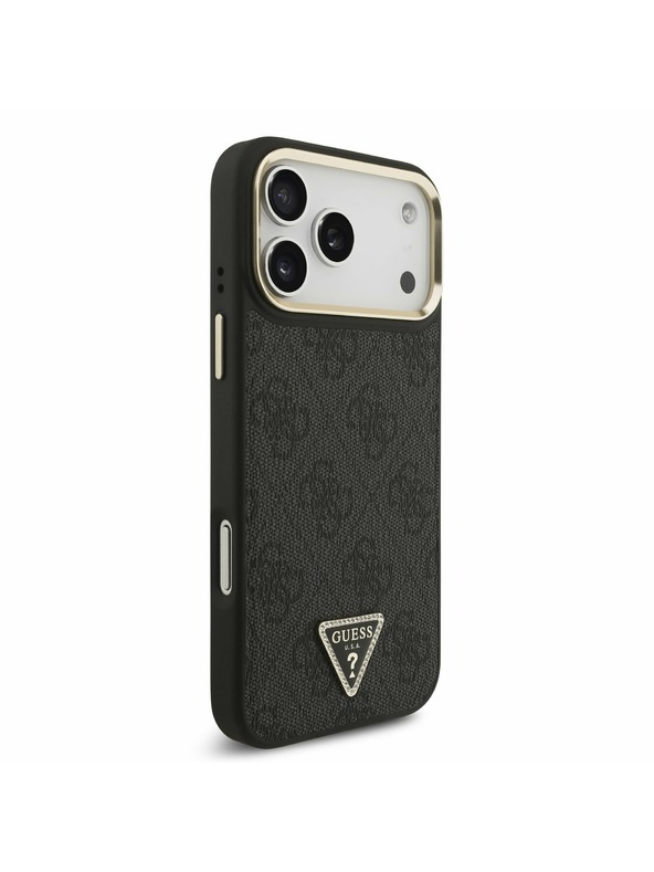 Guess Guess PU Leather 4G Strass Triangle Logo Gold Frame MagSafe Zadní Kryt pro iPhone 17 Pro Max Black