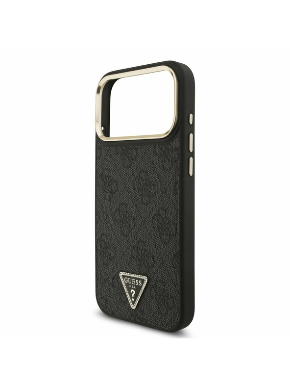 Guess Guess PU Leather 4G Strass Triangle Logo Gold Frame MagSafe Zadní Kryt pro iPhone 17 Pro Max Black
