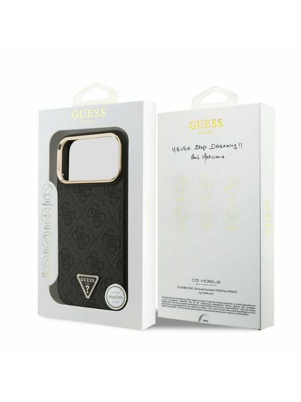 Guess Guess PU Leather 4G Strass Triangle Logo Gold Frame MagSafe Zadní Kryt pro iPhone 17 Pro Max Black