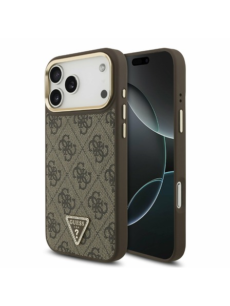Guess Guess PU Leather 4G Strass Triangle Logo Gold Frame MagSafe Zadní Kryt pro iPhone 17 Pro Max Brown