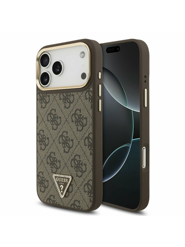 Guess Guess PU Leather 4G Strass Triangle Logo Gold Frame MagSafe Zadní Kryt pro iPhone 17 Pro Max Brown