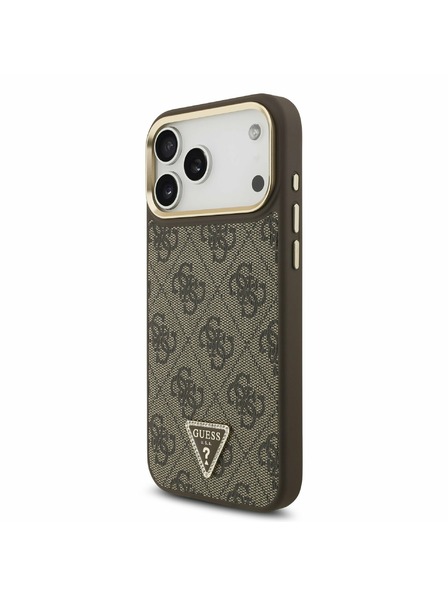 Guess Guess PU Leather 4G Strass Triangle Logo Gold Frame MagSafe Zadní Kryt pro iPhone 17 Pro Max Brown