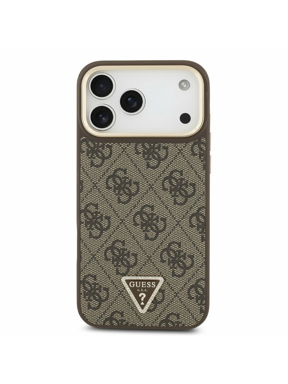 Guess Guess PU Leather 4G Strass Triangle Logo Gold Frame MagSafe Zadní Kryt pro iPhone 17 Pro Max Brown