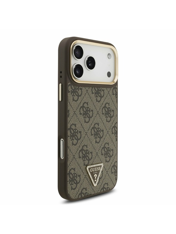 Guess Guess PU Leather 4G Strass Triangle Logo Gold Frame MagSafe Zadní Kryt pro iPhone 17 Pro Max Brown