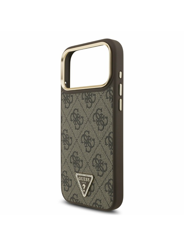 Guess Guess PU Leather 4G Strass Triangle Logo Gold Frame MagSafe Zadní Kryt pro iPhone 17 Pro Max Brown