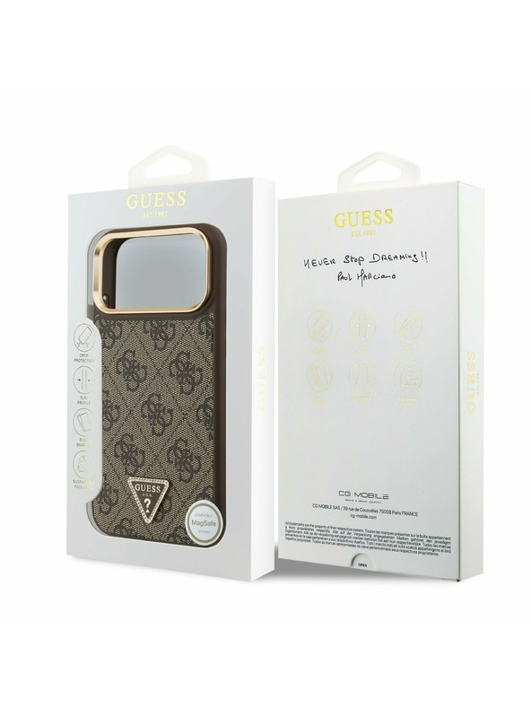 Guess Guess PU Leather 4G Strass Triangle Logo Gold Frame MagSafe Zadní Kryt pro iPhone 17 Pro Max Brown