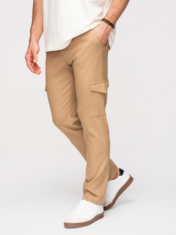 Ombre Clothing Pánské kalhoty REGULAR s cargo kapsami - světle hnědé V4 P1515 Ombre Clothing