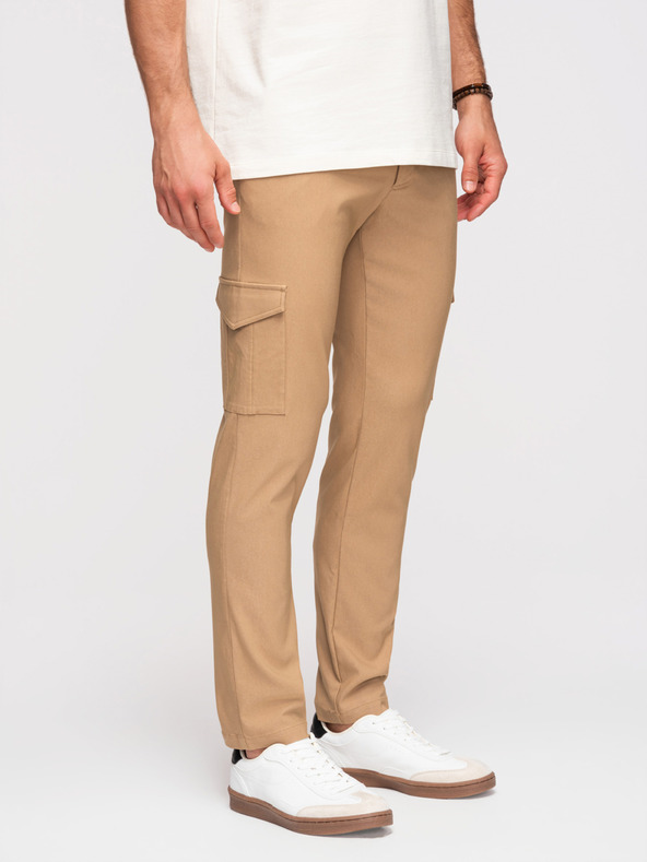 Ombre Clothing Pánské kalhoty REGULAR s cargo kapsami - světle hnědé V4 P1515 Ombre Clothing